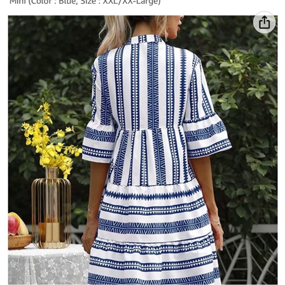 Baby Doll Mini Dress Geometric V-Neck Striped Blue & White Women’s Size Large - Picture 10 of 14